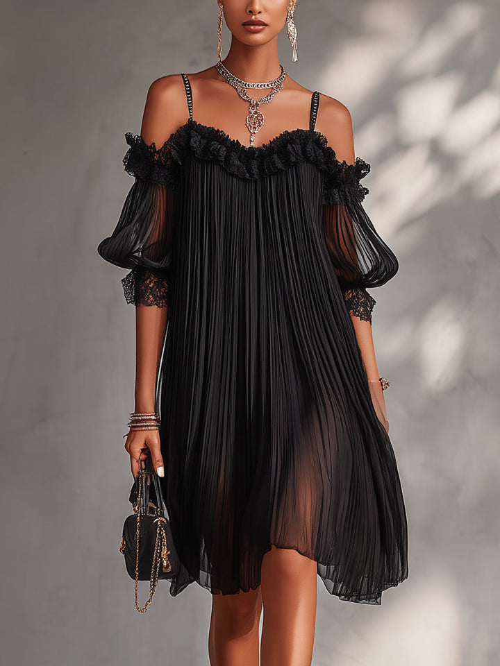 Vittoria | Off-the-shoulder black chiffon mini dress with lace trim