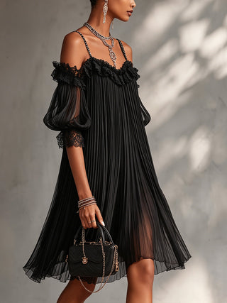 Vittoria | Off-the-shoulder black chiffon mini dress with lace trim