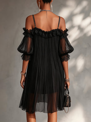 Vittoria | Off-the-shoulder black chiffon mini dress with lace trim